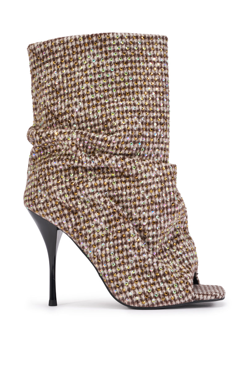 AKIRA GOLD JANINE BLACK AND WHITE RHINESTONE PATTERN STILETTO OPEN TOE BOOTIE