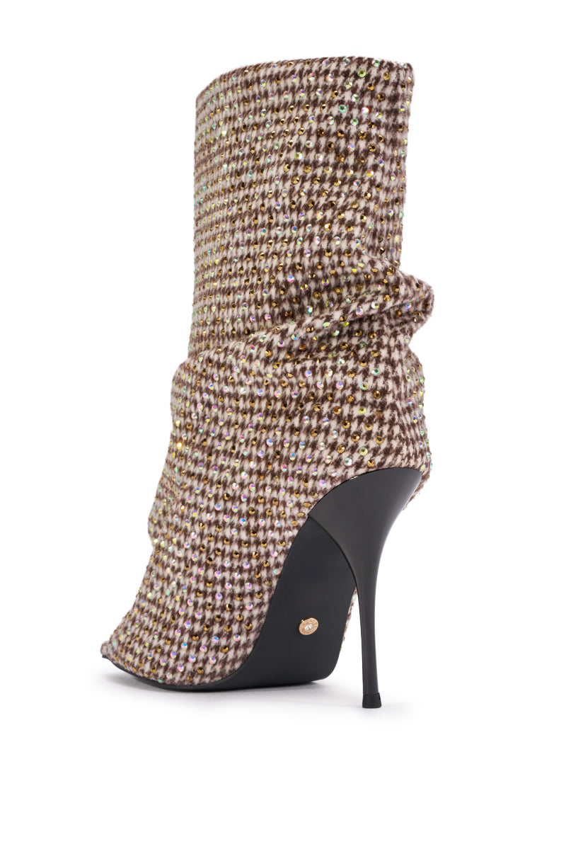 AKIRA GOLD JANINE BLACK AND WHITE RHINESTONE PATTERN STILETTO OPEN TOE BOOTIE