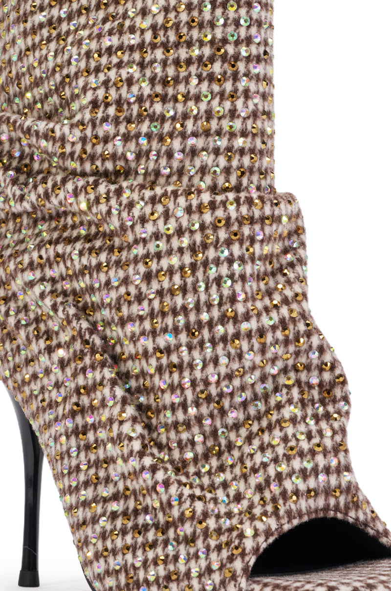 AKIRA GOLD JANINE BLACK AND WHITE RHINESTONE PATTERN STILETTO OPEN TOE BOOTIE