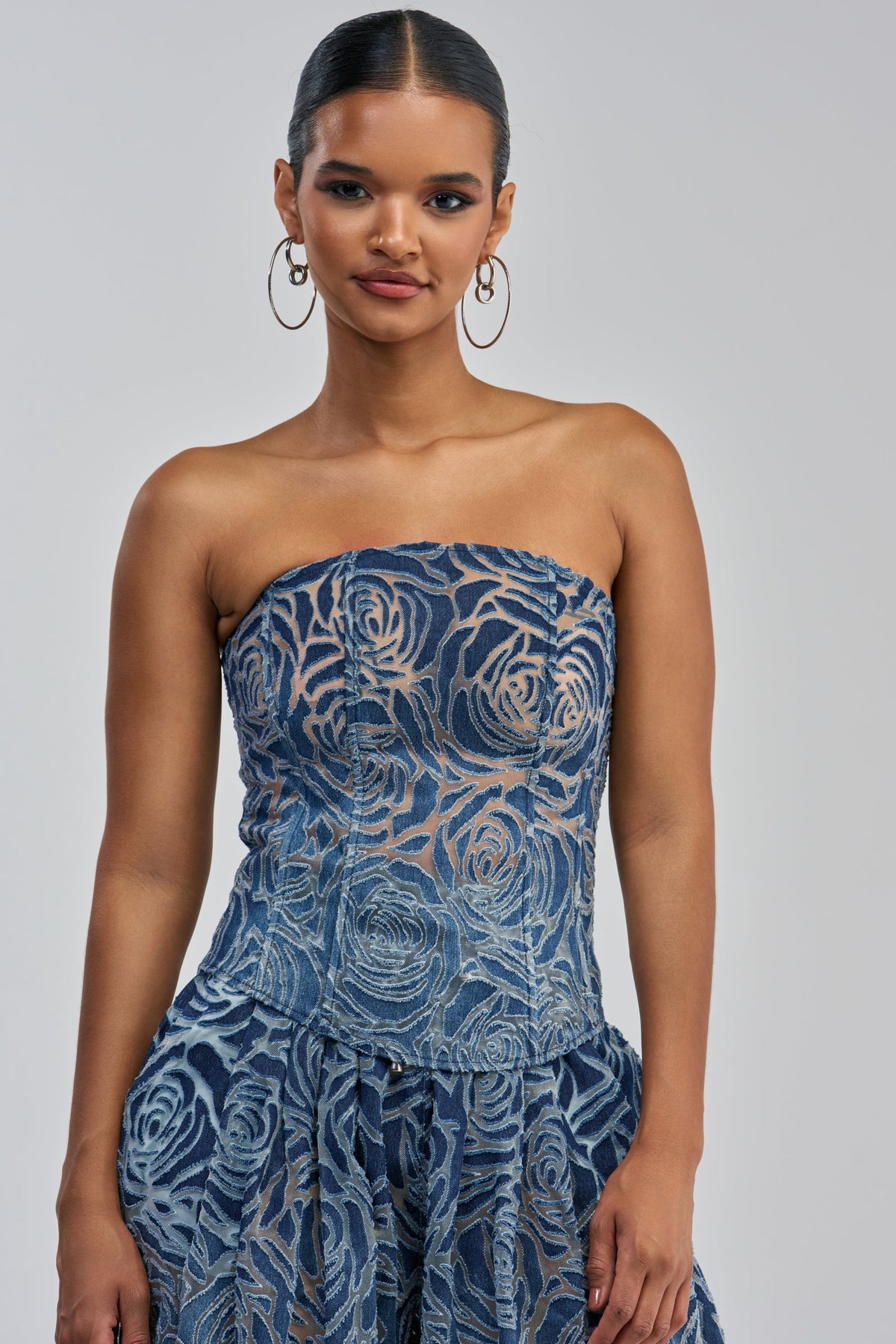 DENIM FOR DAYS ZIP UP CORSET IN DARK BLUE DENIM