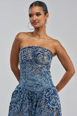 DENIM FOR DAYS ZIP UP CORSET IN DARK BLUE DENIM