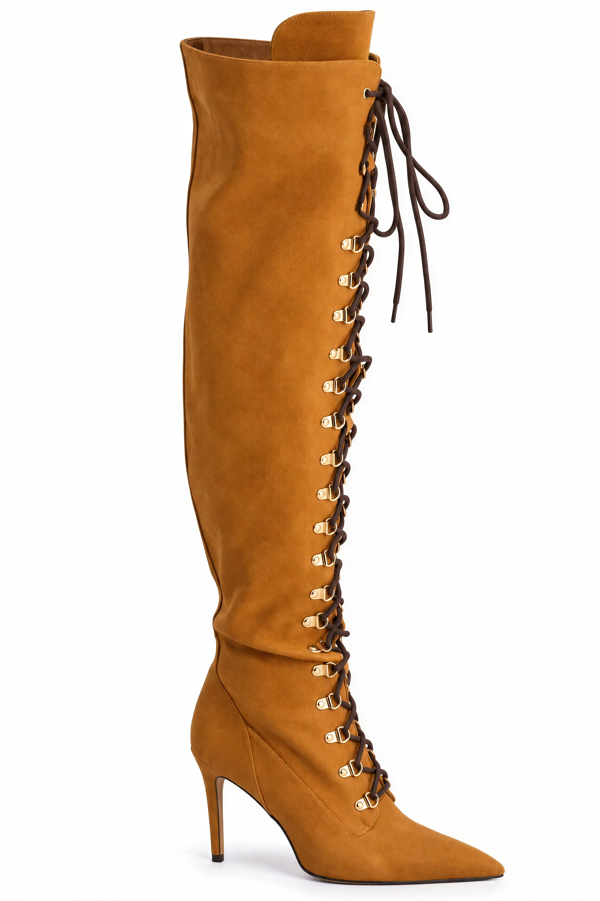 AKIRA GOLD KATANA TAN TALL STILETTO BOOT