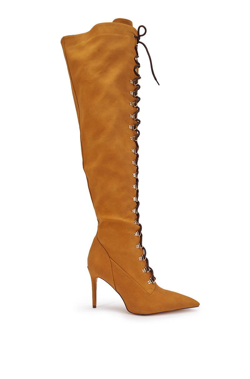 AKIRA GOLD KATANA TAN TALL STILETTO BOOT