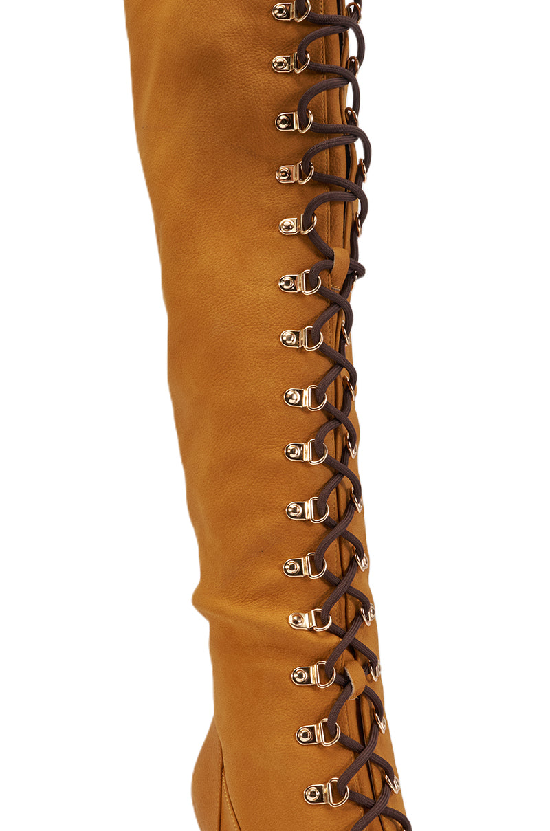 AKIRA GOLD KATANA TAN TALL STILETTO BOOT