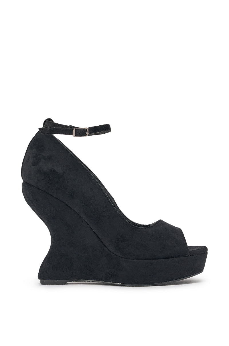 AZALEA WANG KATRINA BLACK FAUX SUEDE WEDGE PEEP TOE PUMP