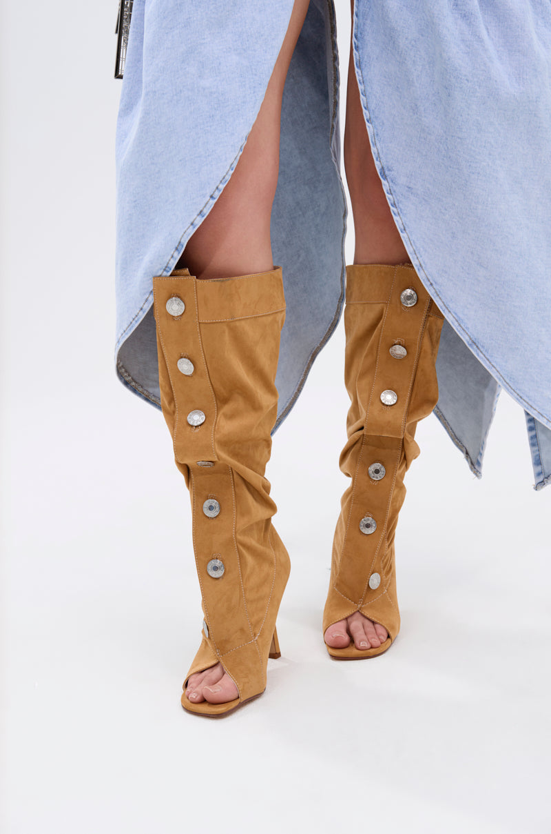 AZALEA WANG KAZUKI TAN SLOUCHY SUEDE OPEN TOE BOOT