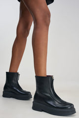 AZALEA WANG LATOYA BLACK PU ZIPPER EMBELLISHED COMBAT BOOTIE
