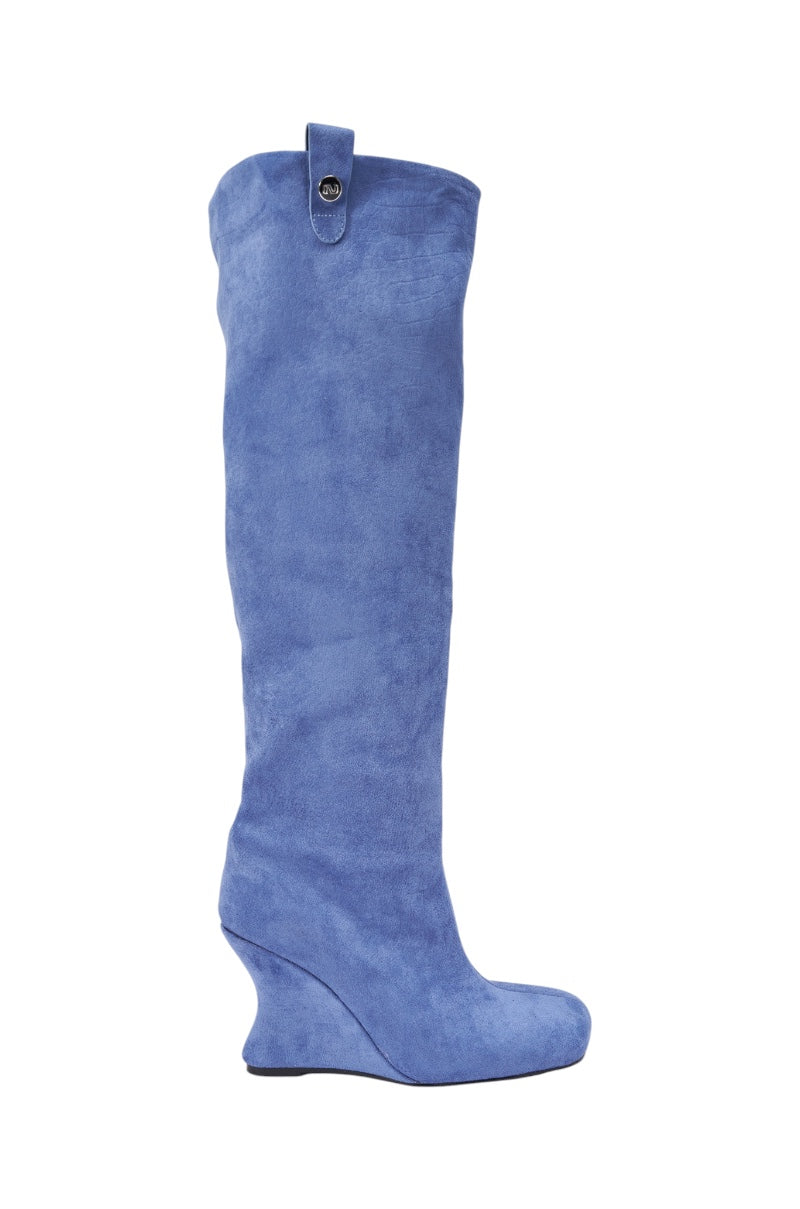 AZALEA WANG LIU BLUE FAUX SUEDE WEDGE BOOTIE