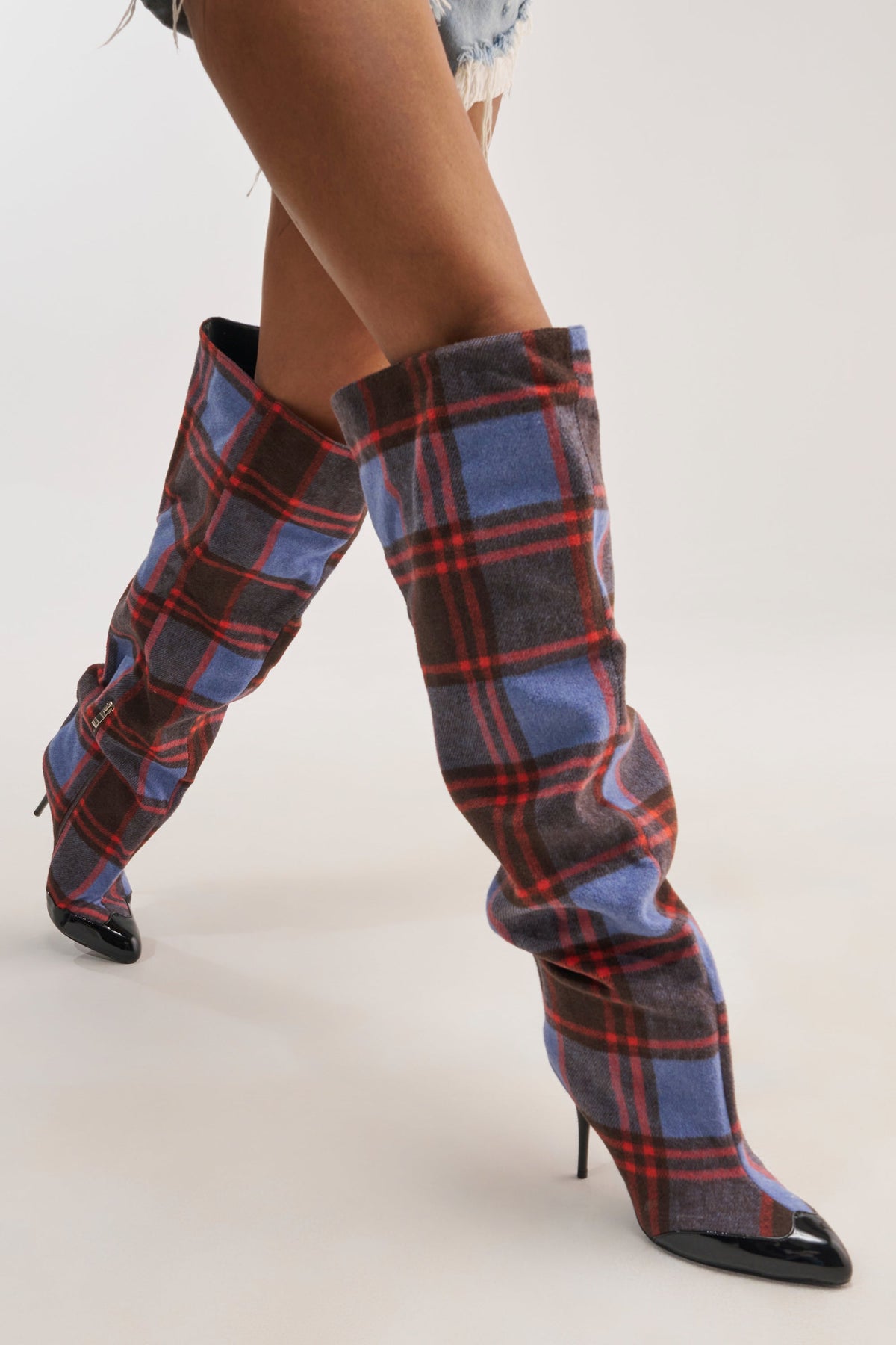 AZALEA WANG LOCHANA PURPLE MULTI PLAID STILETTO BOOT