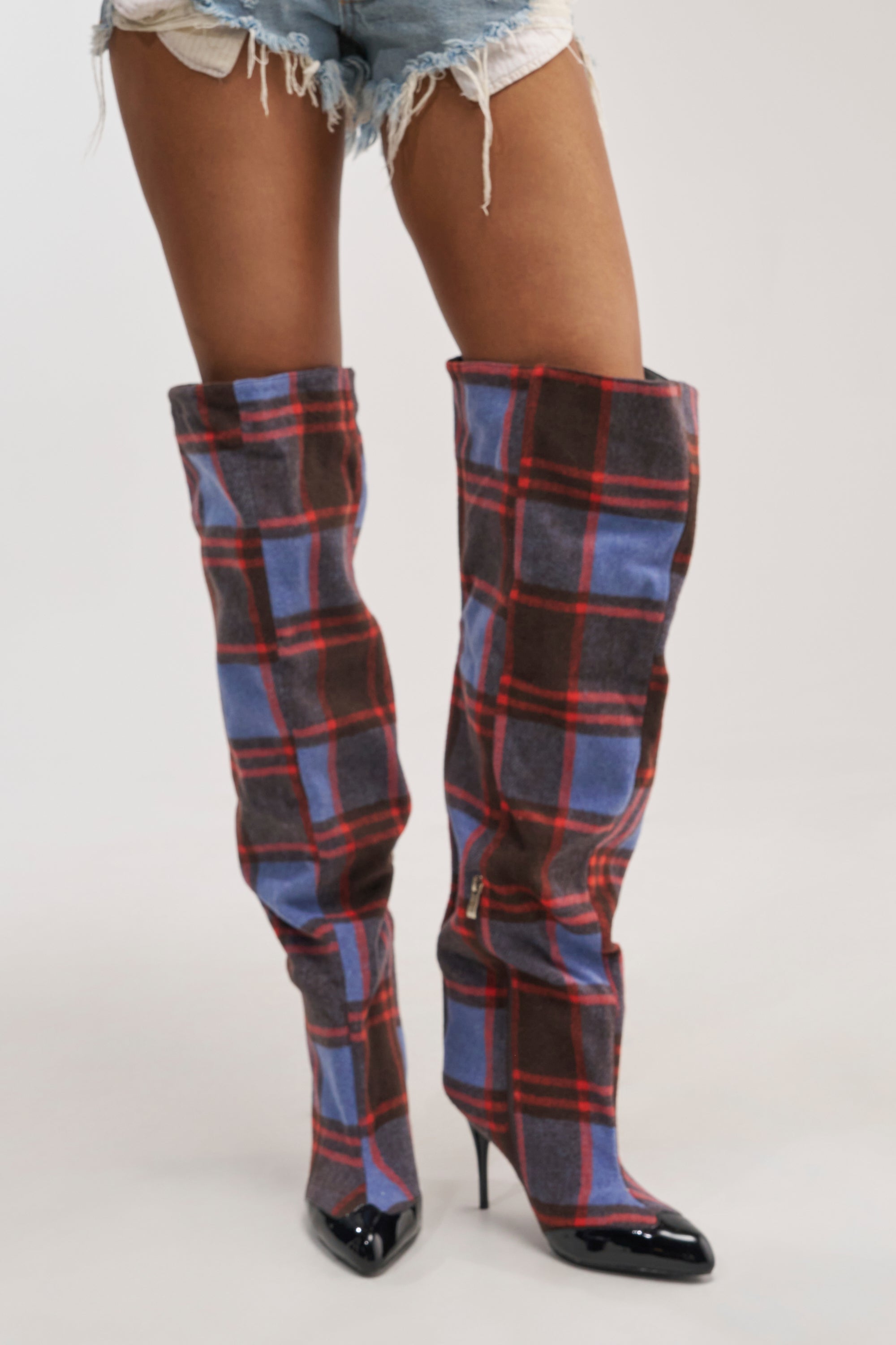 AZALEA WANG LOCHANA PURPLE MULTI PLAID STILETTO BOOT