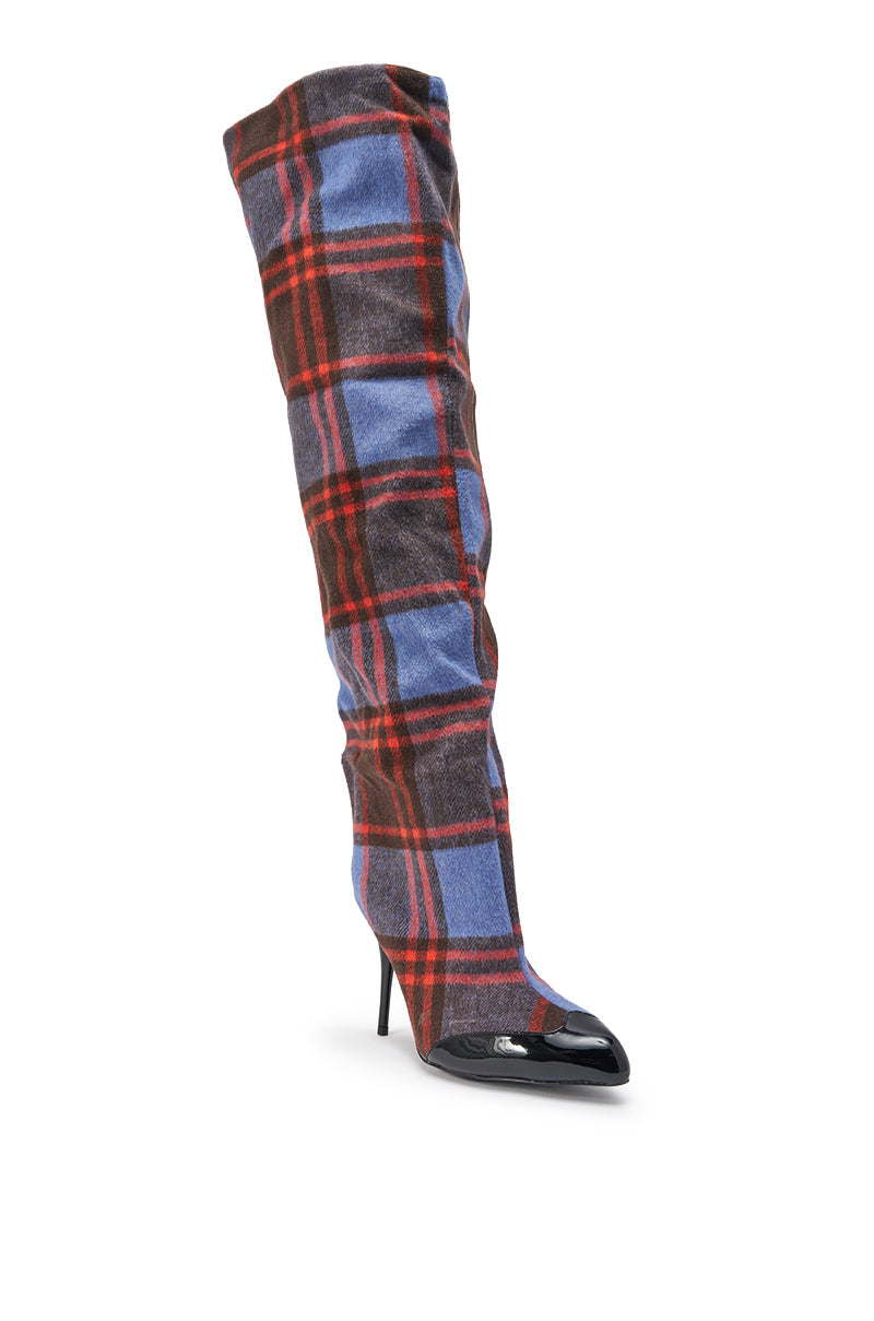 AZALEA WANG LOCHANA PURPLE MULTI PLAID STILETTO BOOT