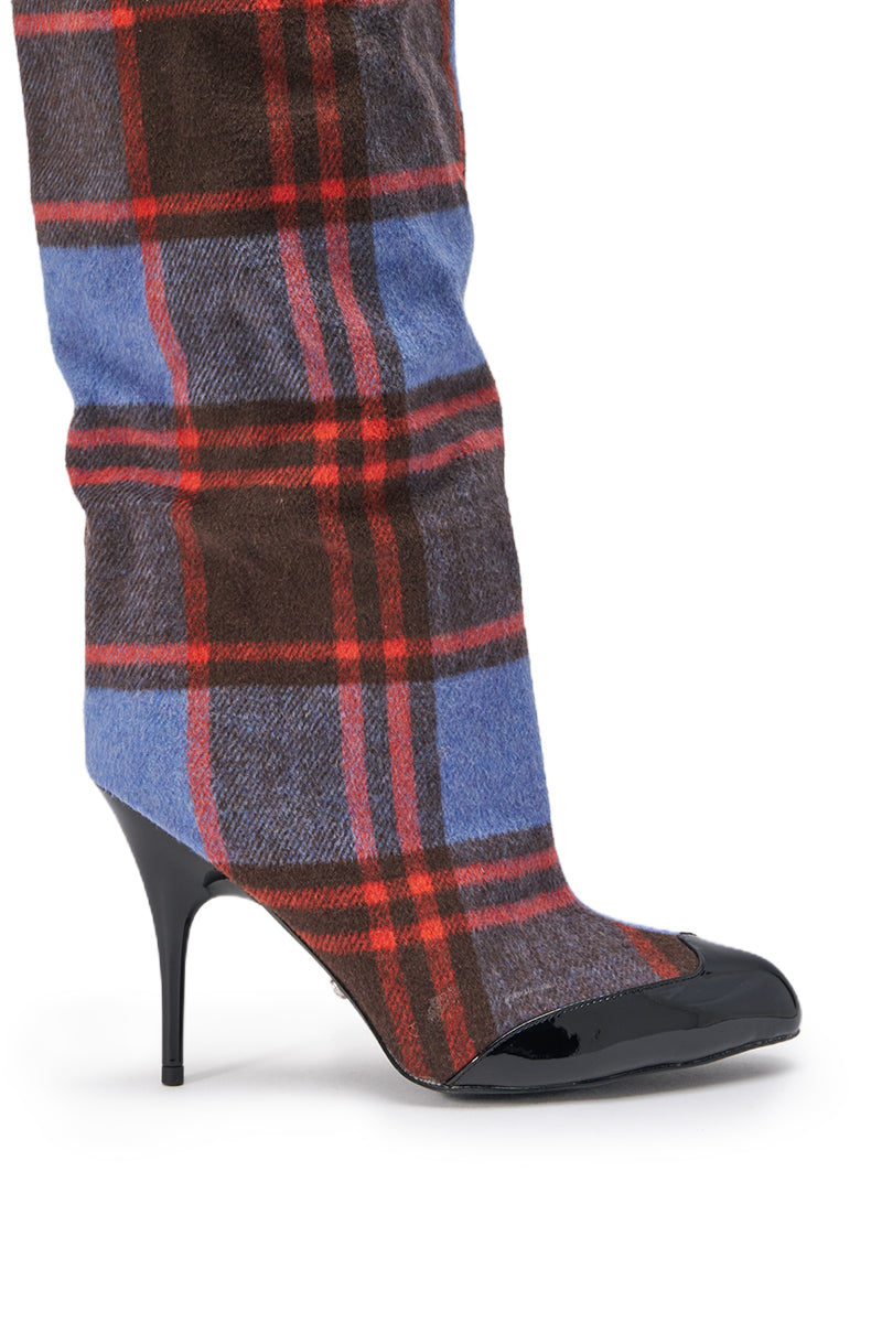 AZALEA WANG LOCHANA PURPLE MULTI PLAID STILETTO BOOT