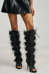 AKIRA GOLD LUMIELLE BLACK FEATHER STILETTO BOOT