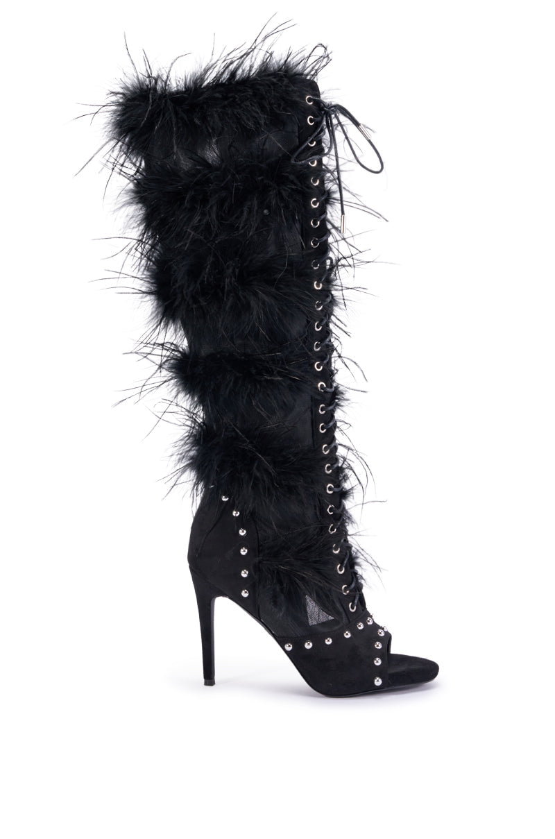 AKIRA GOLD LUMIELLE BLACK FEATHER STILETTO BOOT