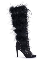 AKIRA GOLD LUMIELLE BLACK FEATHER STILETTO BOOT