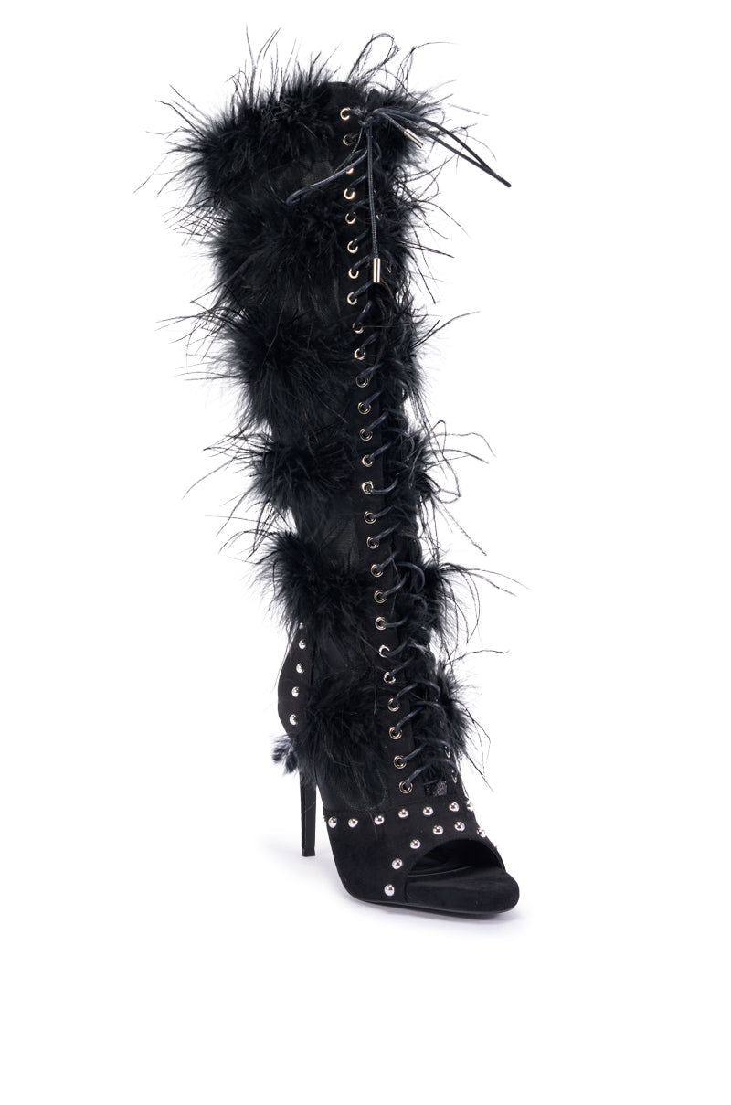 AKIRA GOLD LUMIELLE BLACK FEATHER STILETTO BOOT