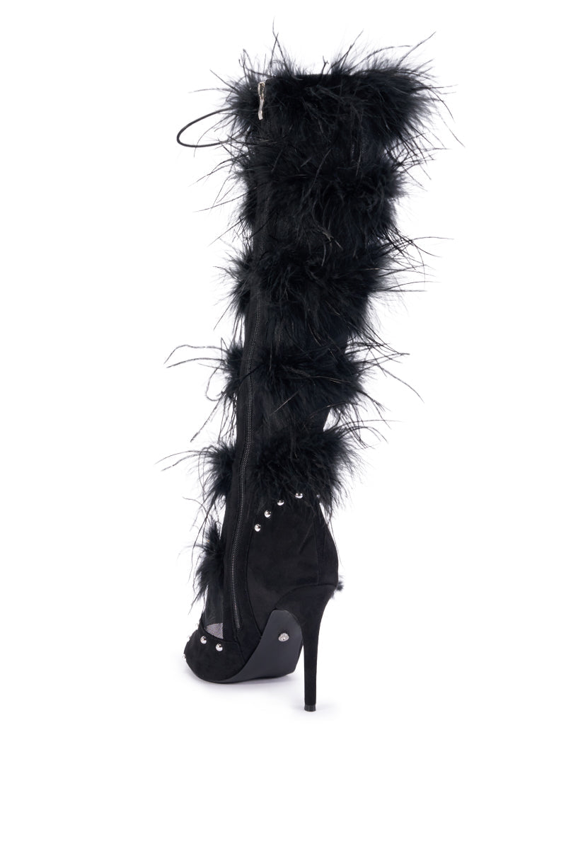 AKIRA GOLD LUMIELLE BLACK FEATHER STILETTO BOOT