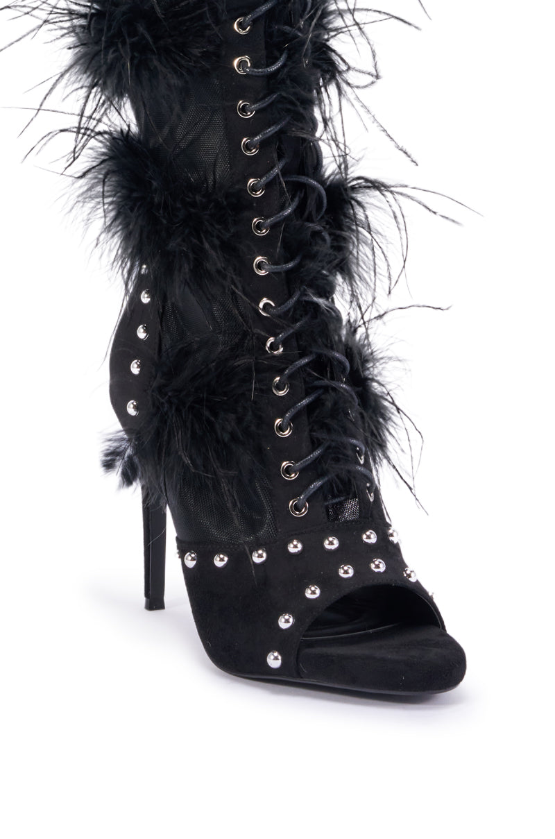 AKIRA GOLD LUMIELLE BLACK FEATHER STILETTO BOOT