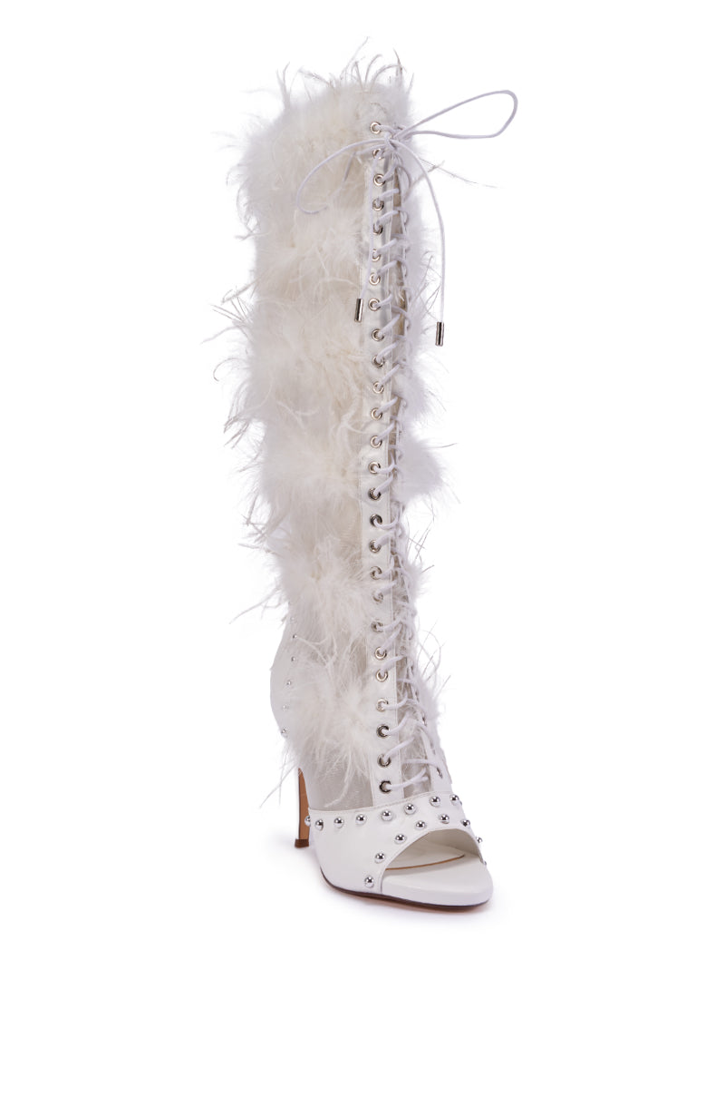 AKIRA GOLD LUMIELLE WHITE FEATHER STILETTO BOOT