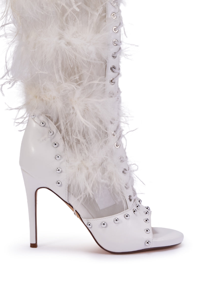 AKIRA GOLD LUMIELLE WHITE FEATHER STILETTO BOOT