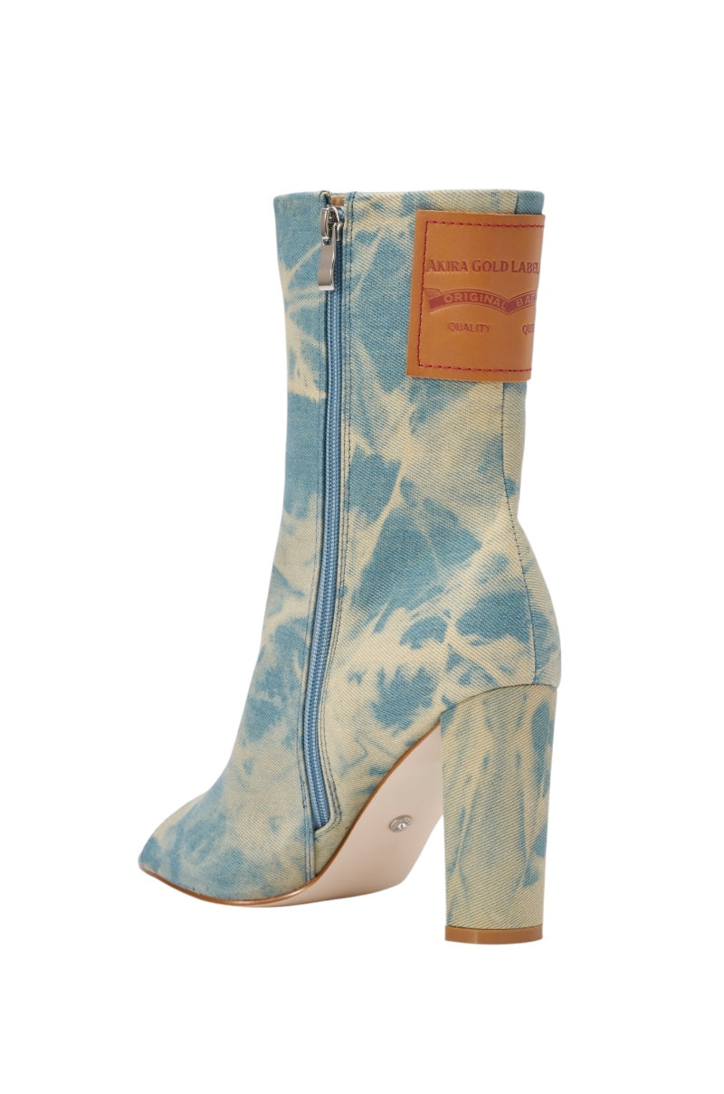 AKIRA GOLD MARKET DENIM BLOCK OPEN TOE BOOTIE
