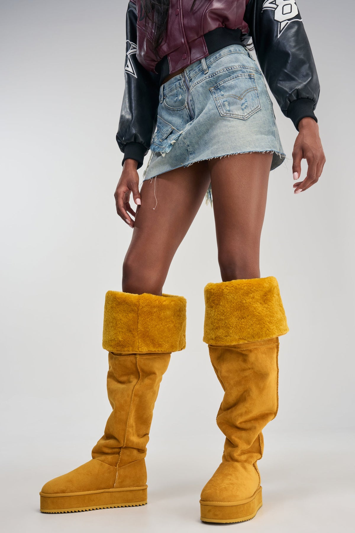 AZALEA WANG MARLOW MUSTARD SUEDE SHERPA FLATFORM BOOT