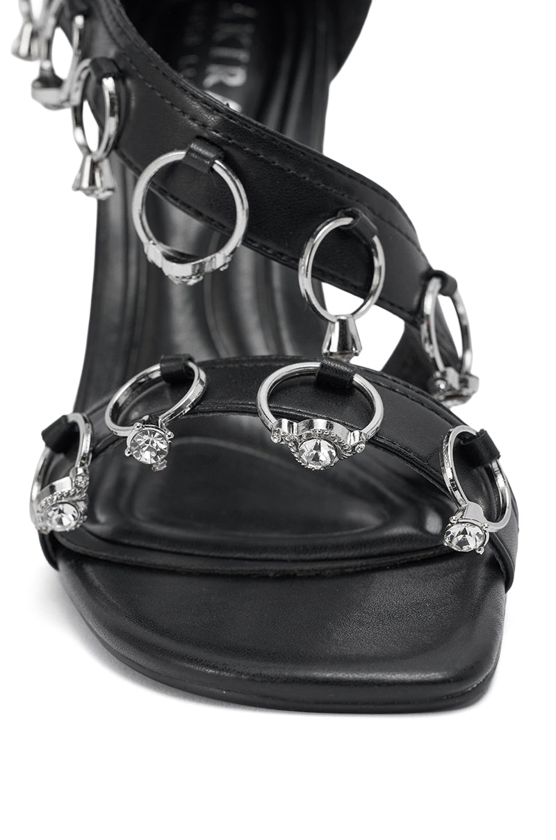 AKIRA GOLD MARQUISE BLACK STILETTO SANDAL WITH RINGS