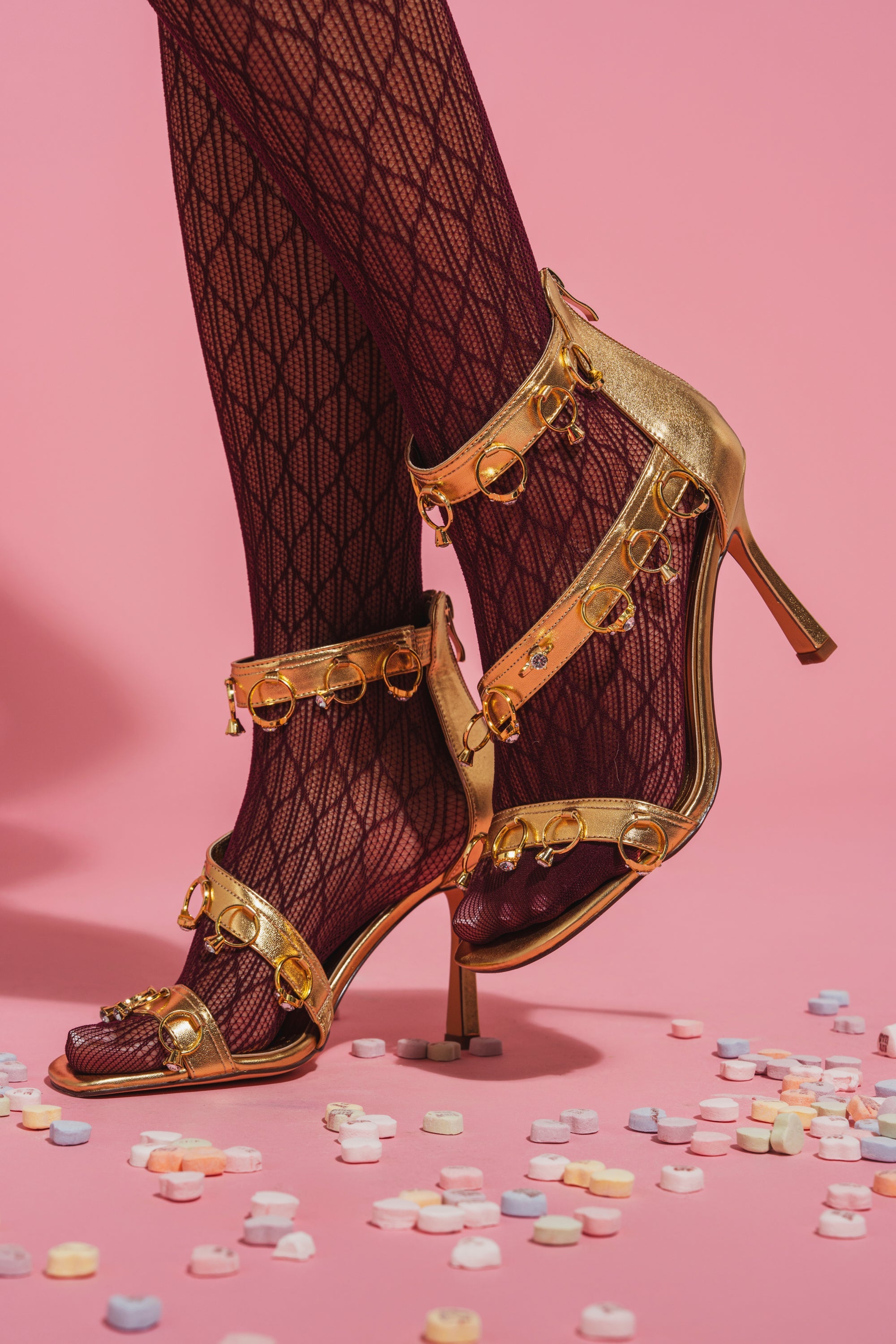 AKIRA GOLD MARQUISE GOLD STILETTO SANDAL WITH RINGS
