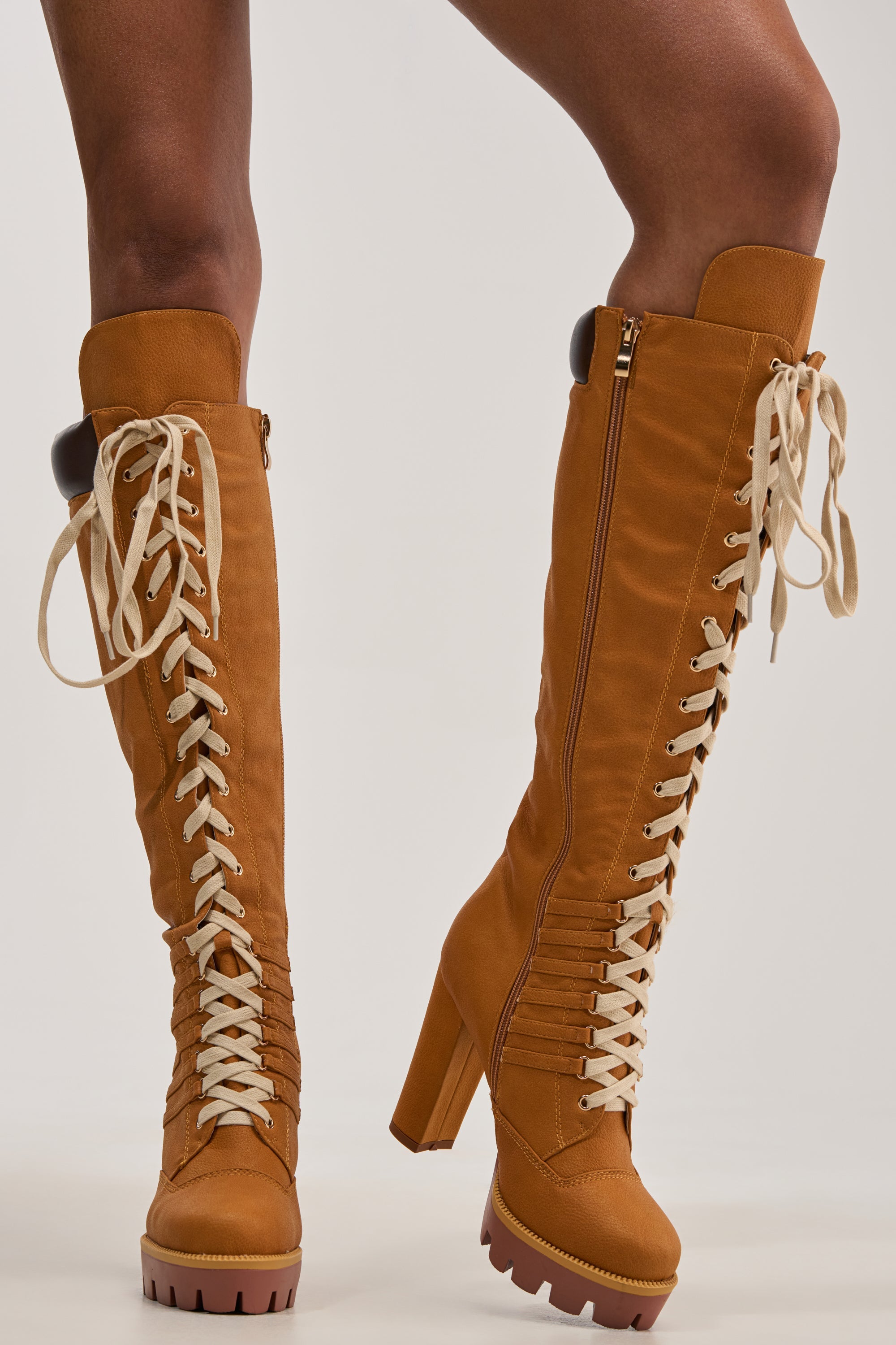 AKIRA GOLD MIRETH TAN BLOCK KNEE HIGH BOOT