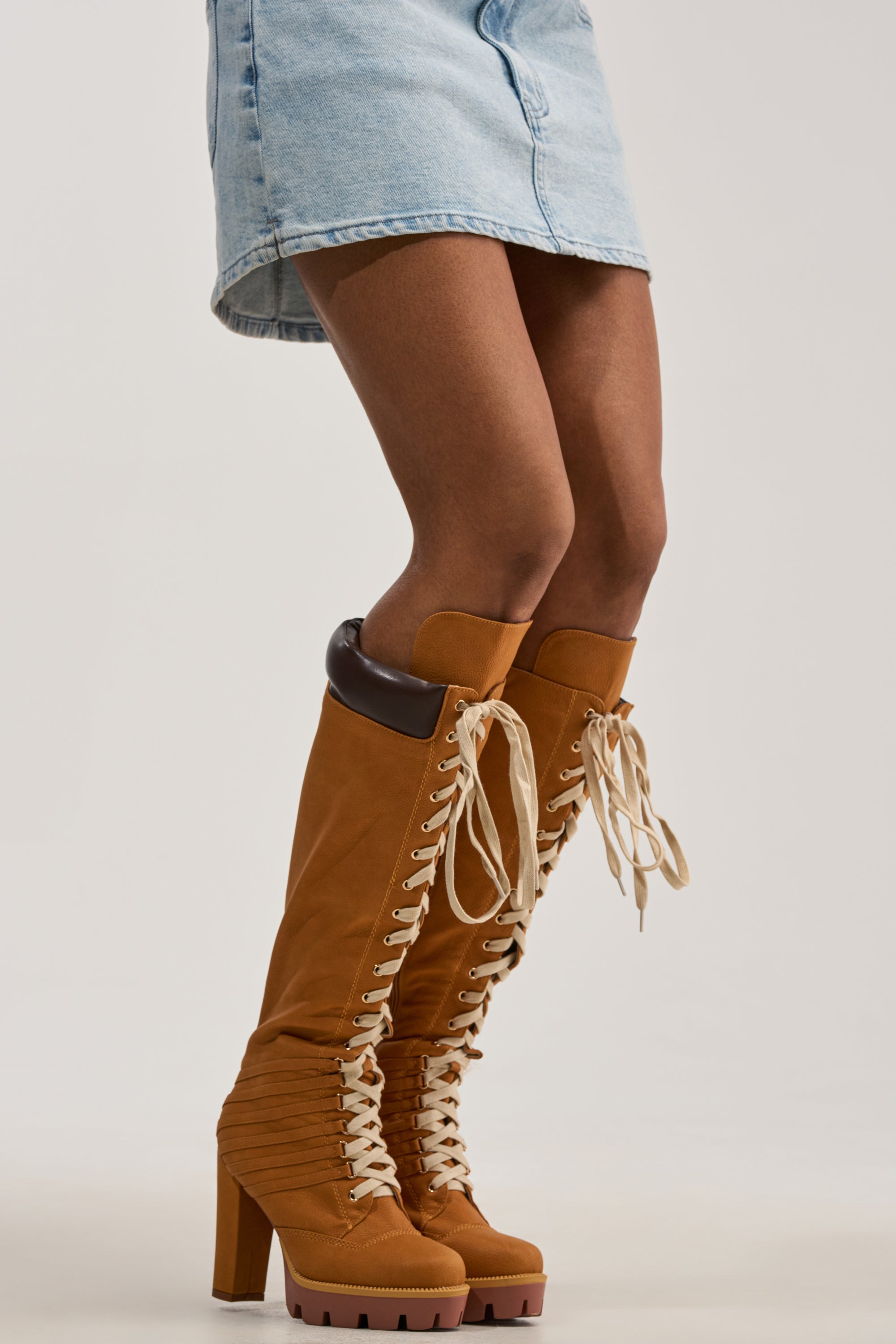 AKIRA GOLD MIRETH TAN BLOCK KNEE HIGH BOOT