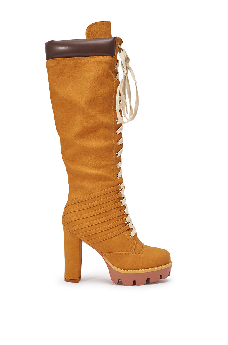 AKIRA GOLD MIRETH TAN BLOCK KNEE HIGH BOOT