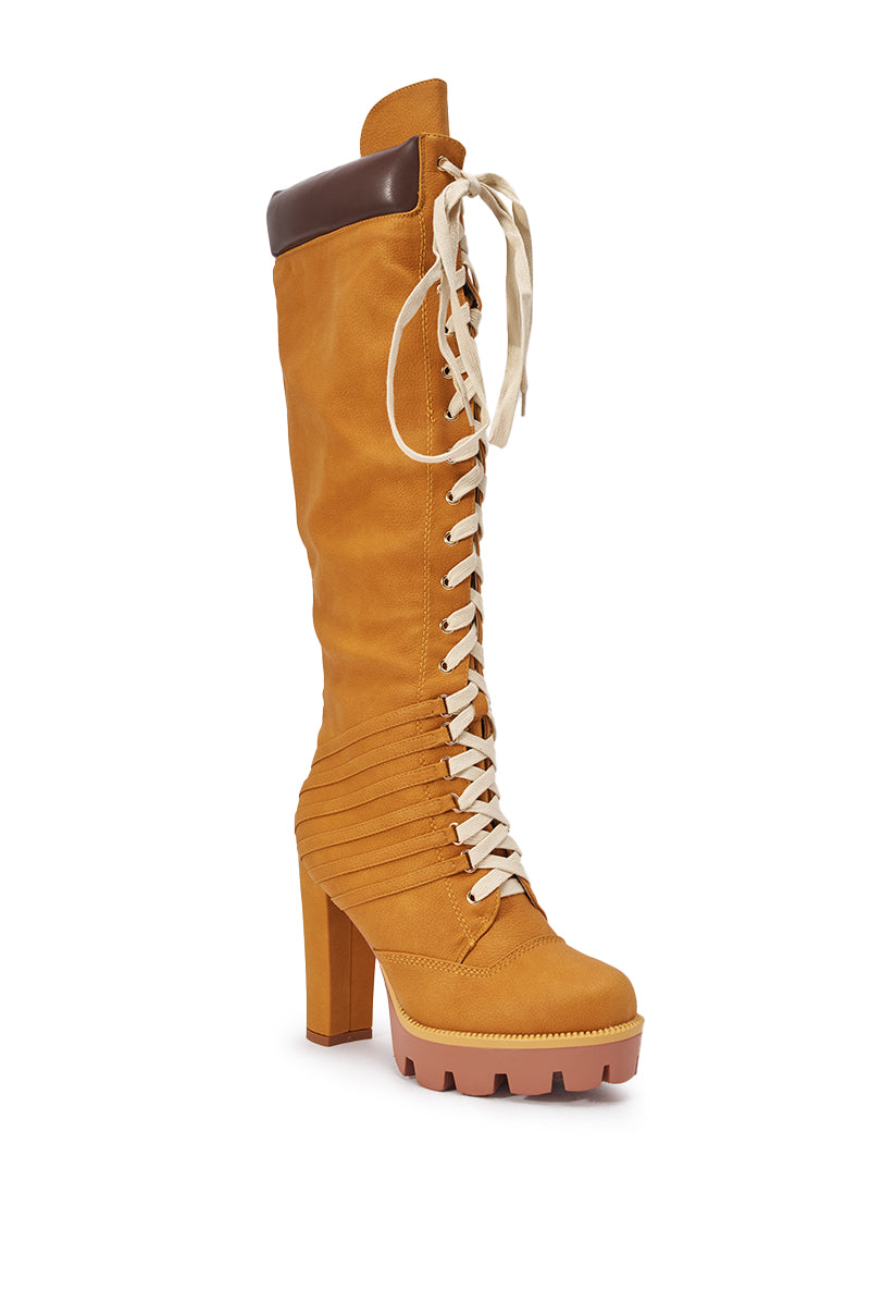 AKIRA GOLD MIRETH TAN BLOCK KNEE HIGH BOOT