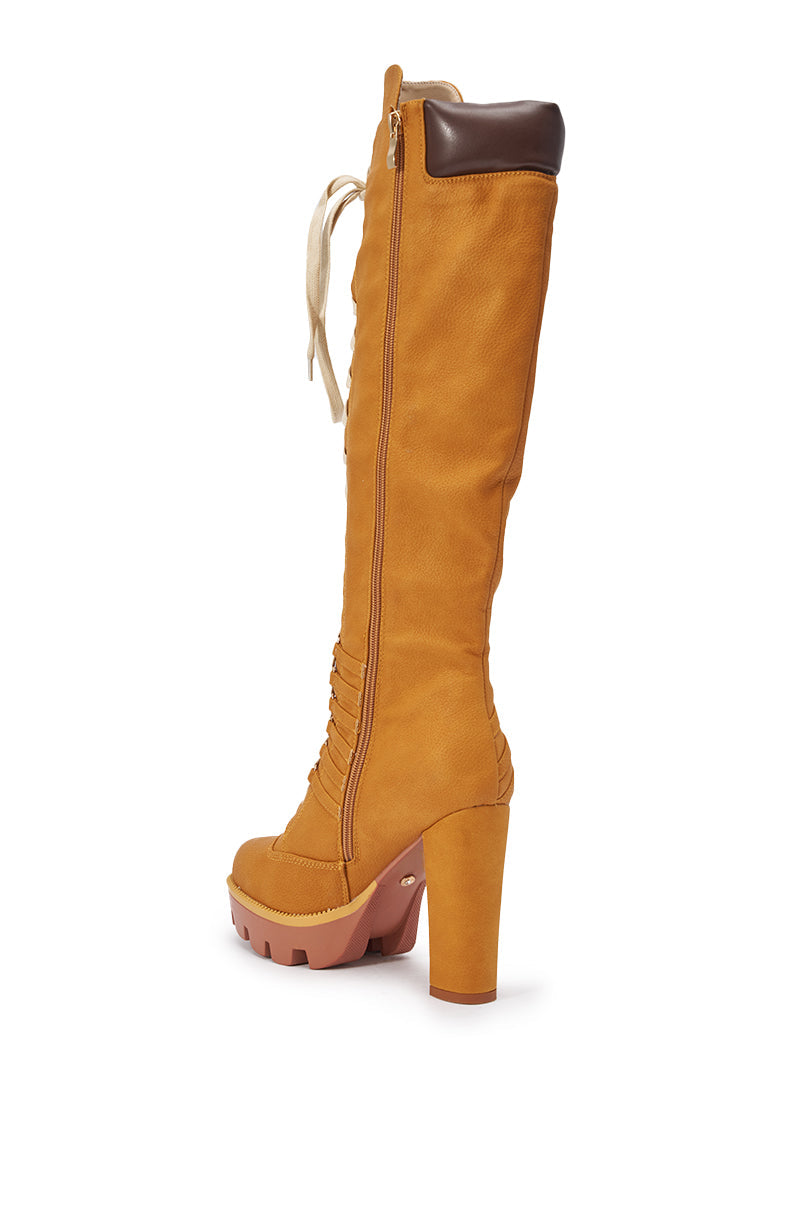 AKIRA GOLD MIRETH TAN BLOCK KNEE HIGH BOOT