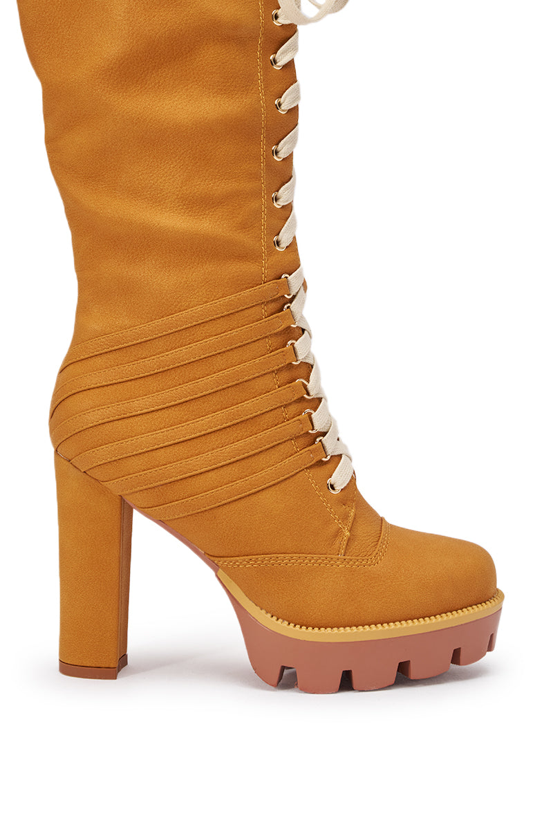 AKIRA GOLD MIRETH TAN BLOCK KNEE HIGH BOOT