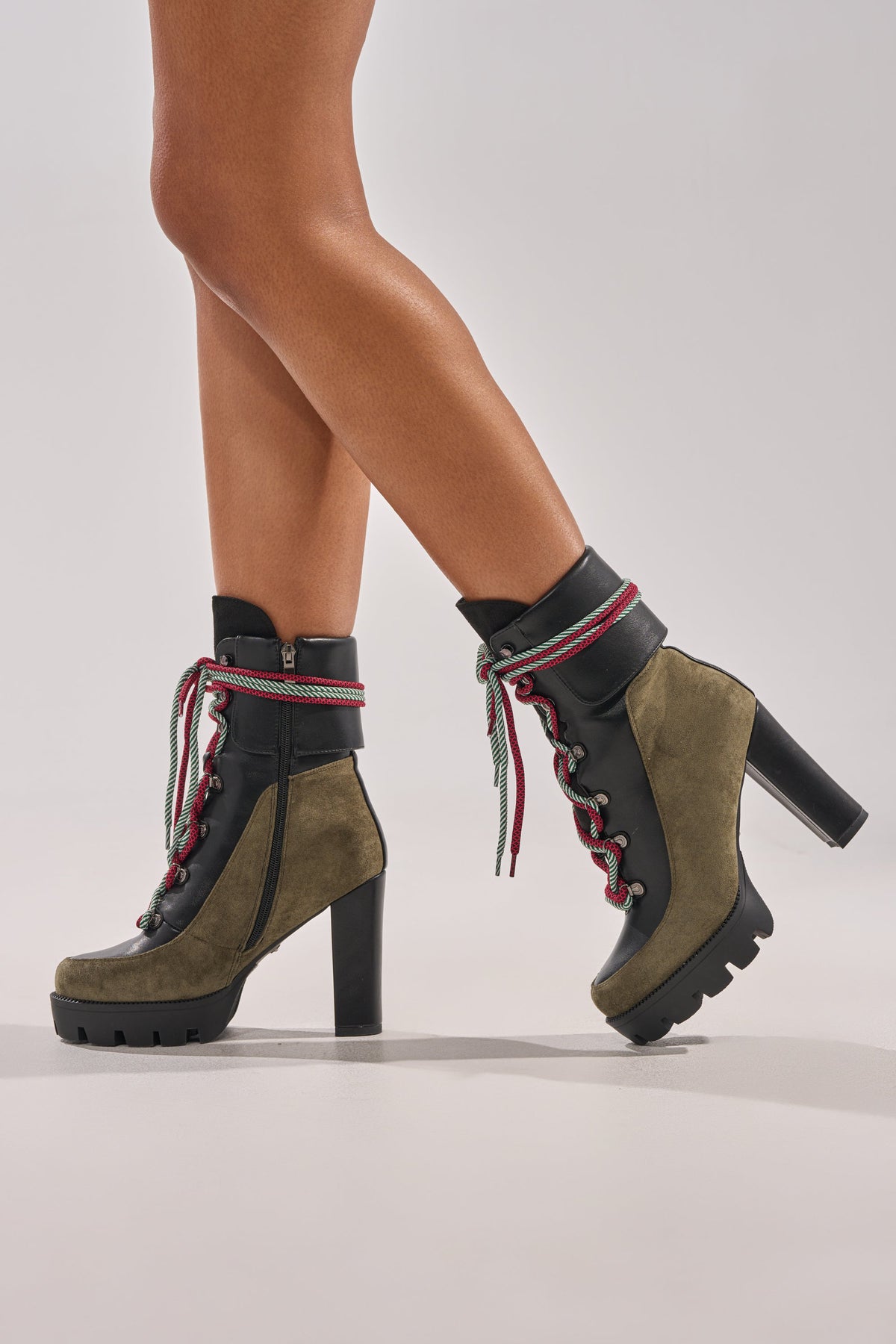 AKIRA GOLD MUFFLER GREEN MULTI BLOCK HEEL BOOTIE