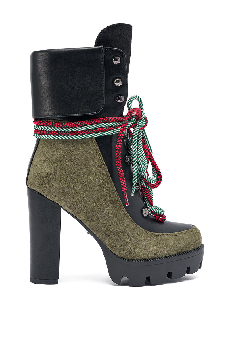 AKIRA GOLD MUFFLER GREEN MULTI BLOCK HEEL BOOTIE