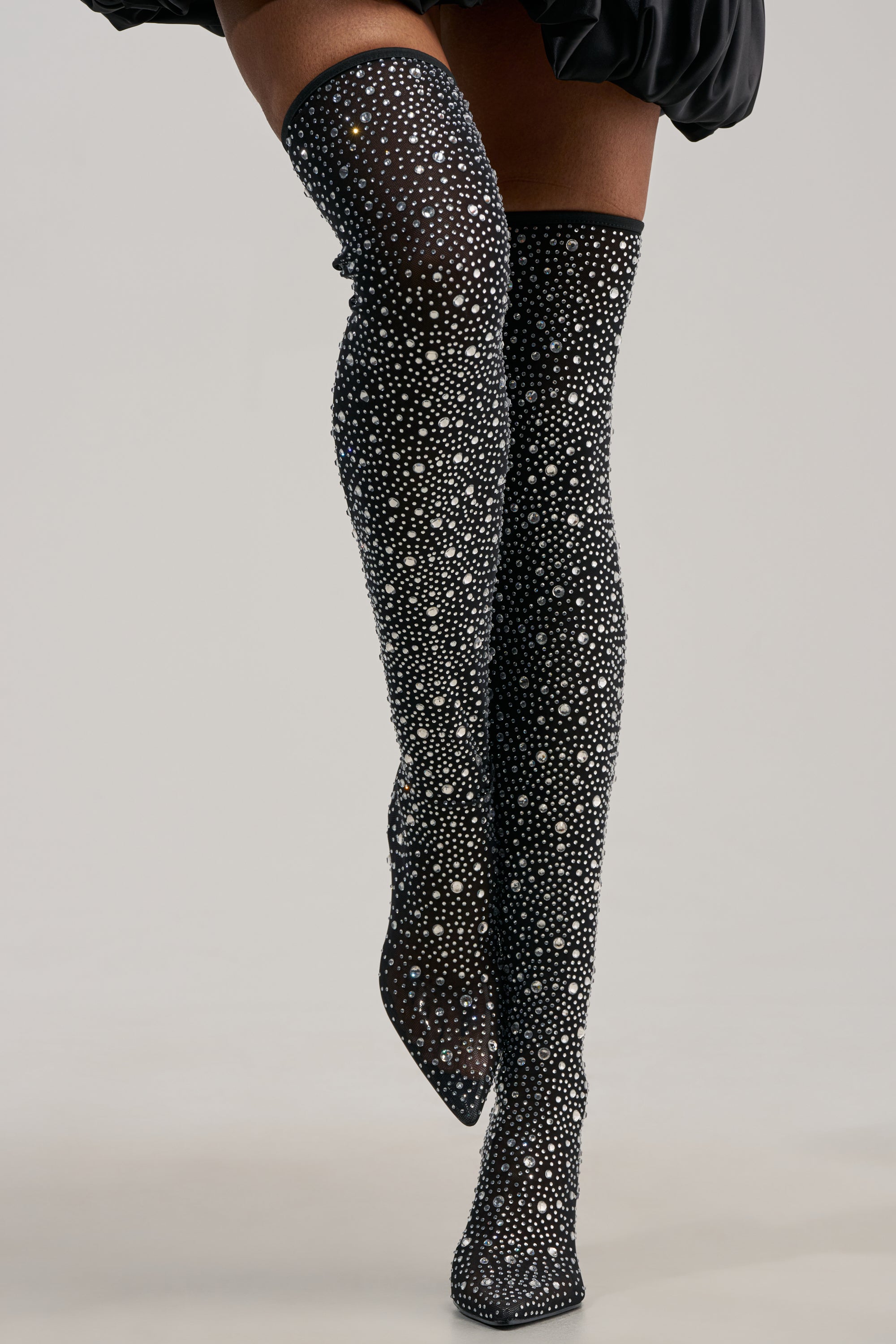 AKIRA GOLD PIA BLACK RHINESTONE MESH THIGH HIGH BOOT