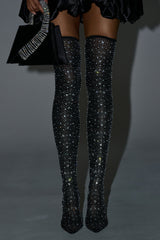 AKIRA GOLD PIA BLACK RHINESTONE MESH THIGH HIGH BOOT
