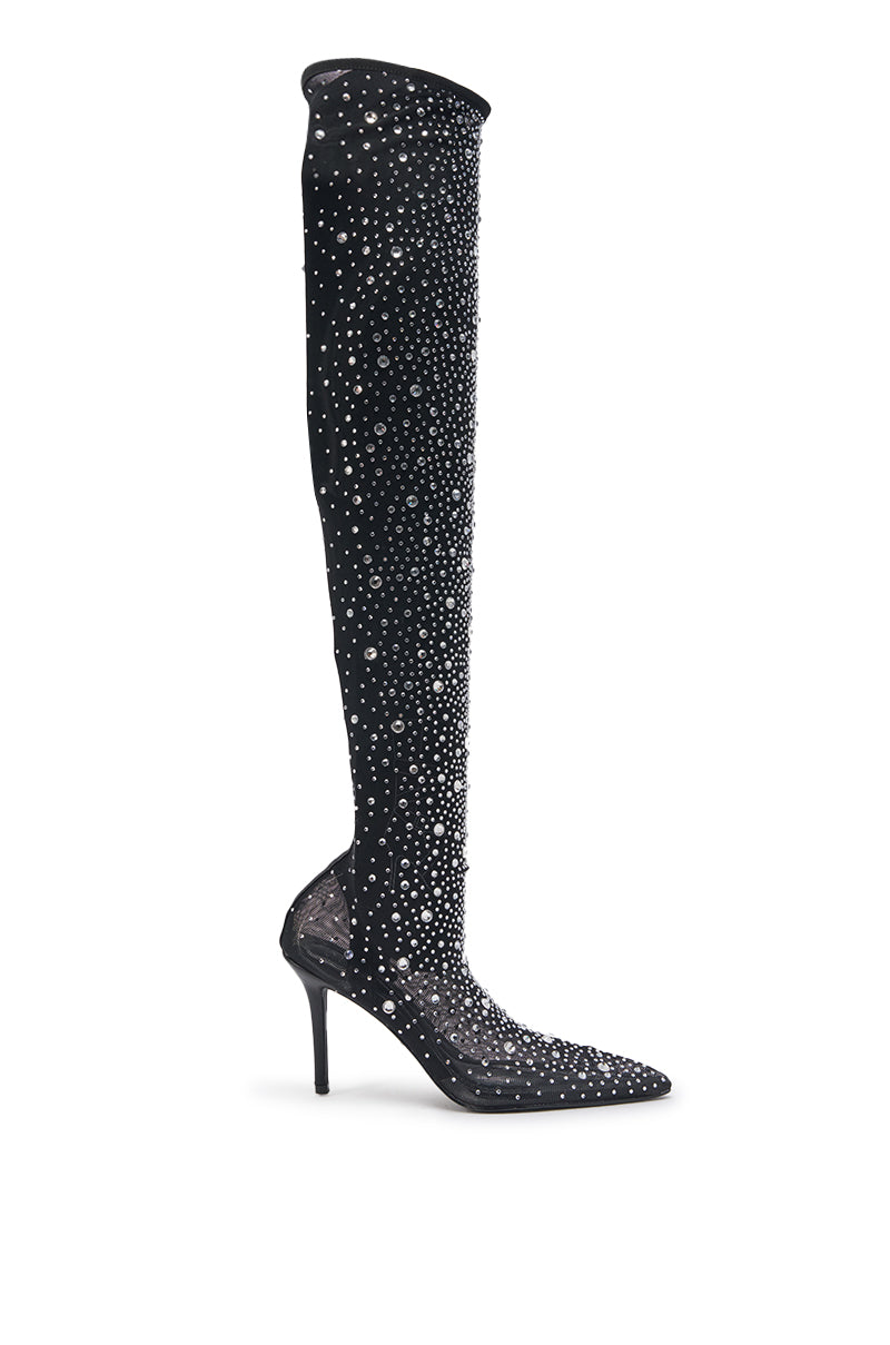 AKIRA GOLD PIA BLACK RHINESTONE MESH THIGH HIGH BOOT