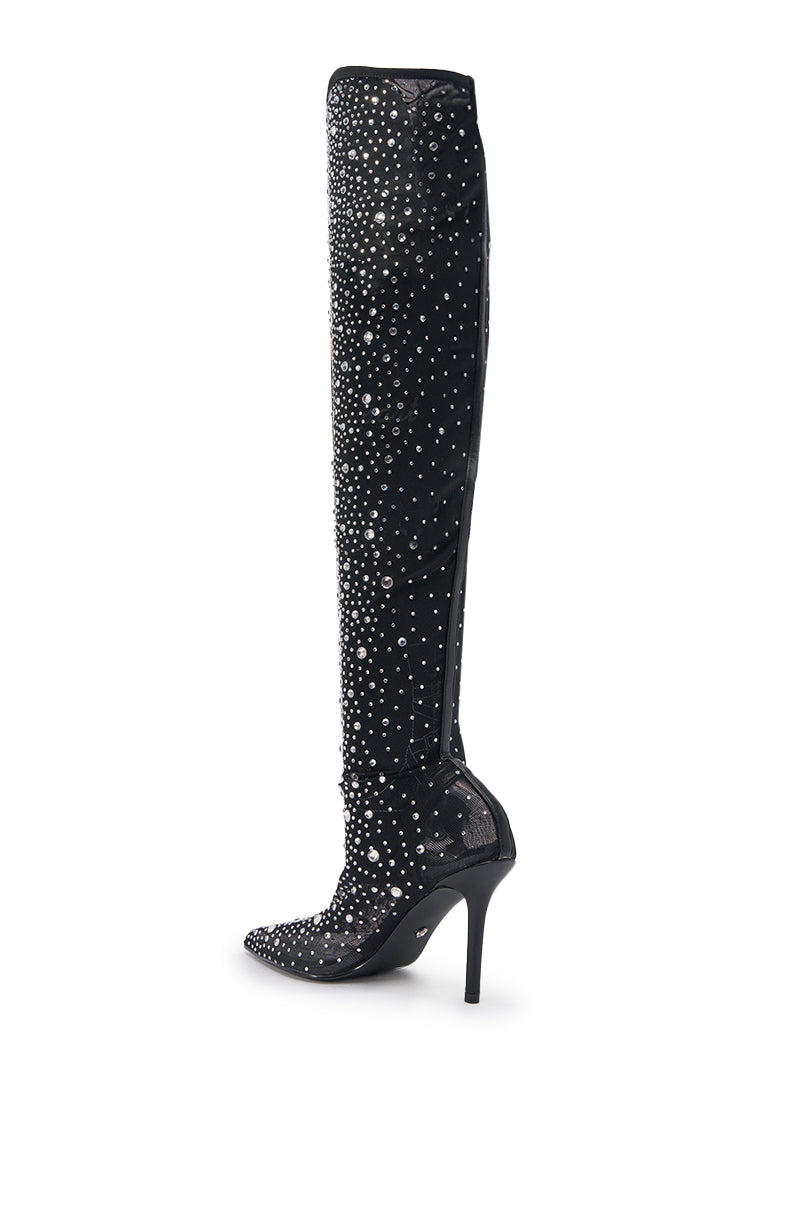 AKIRA GOLD PIA BLACK RHINESTONE MESH THIGH HIGH BOOT