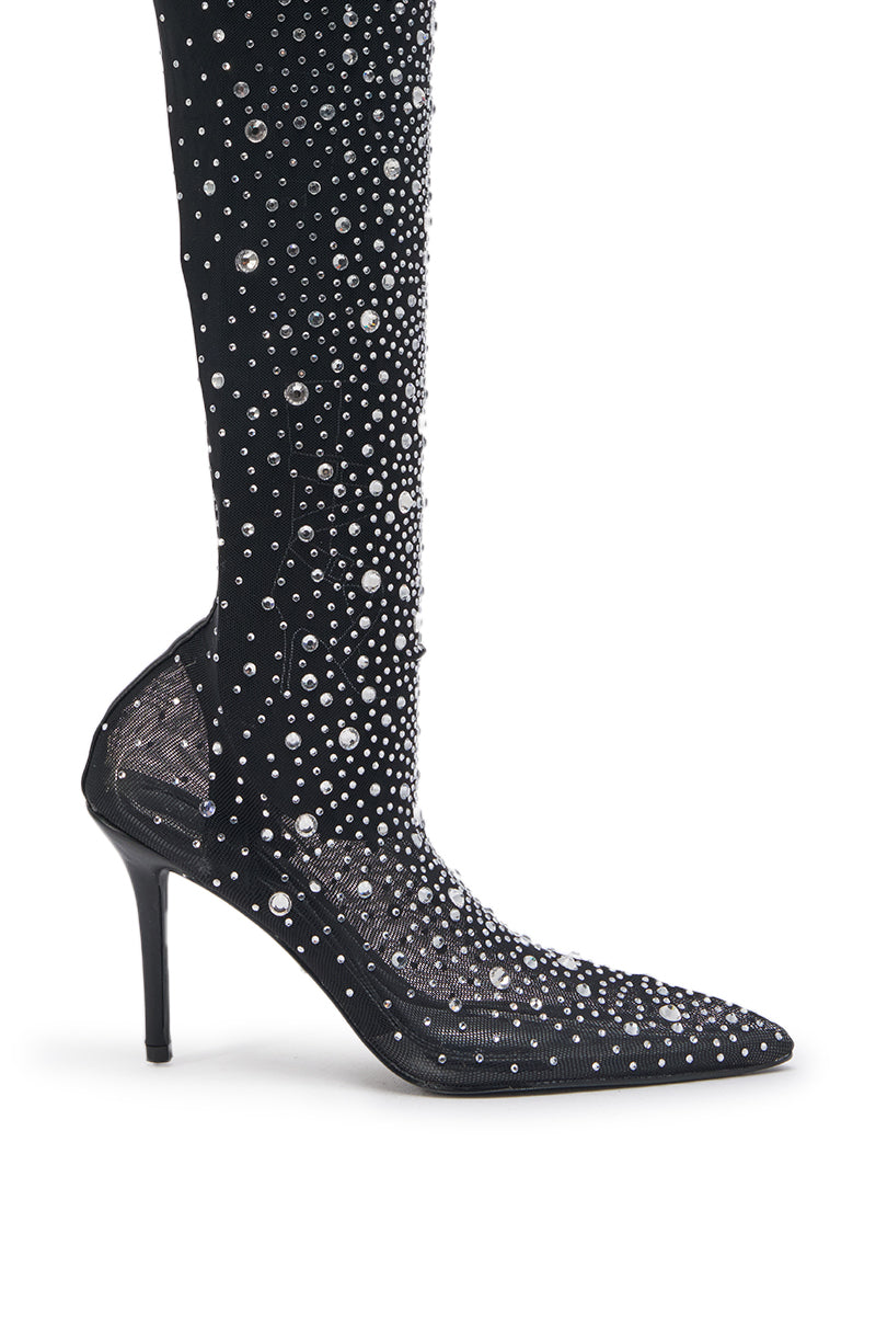 AKIRA GOLD PIA BLACK RHINESTONE MESH THIGH HIGH BOOT