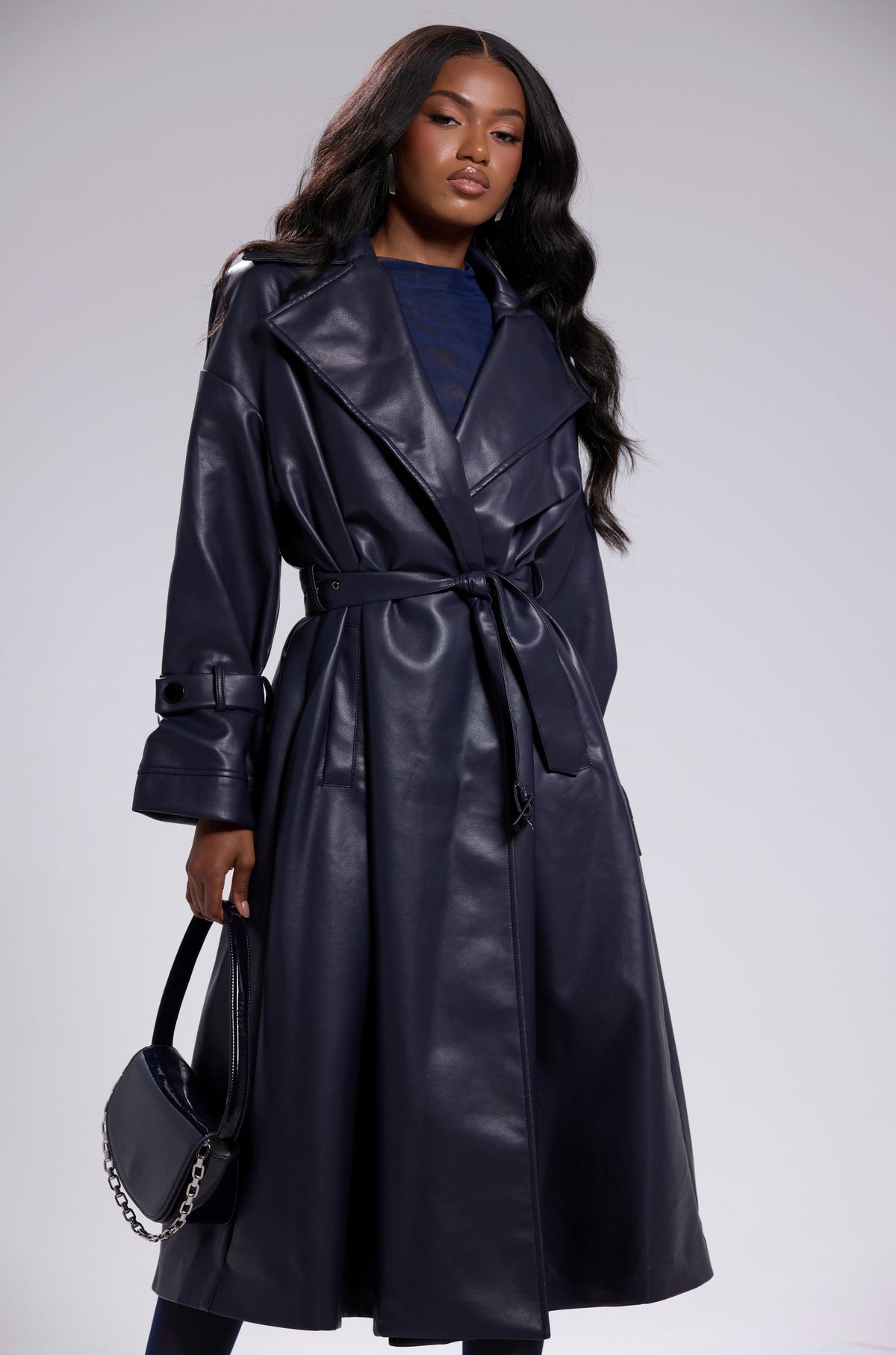 ALINNA FAUX LEATHER TRENCH IN NAVY