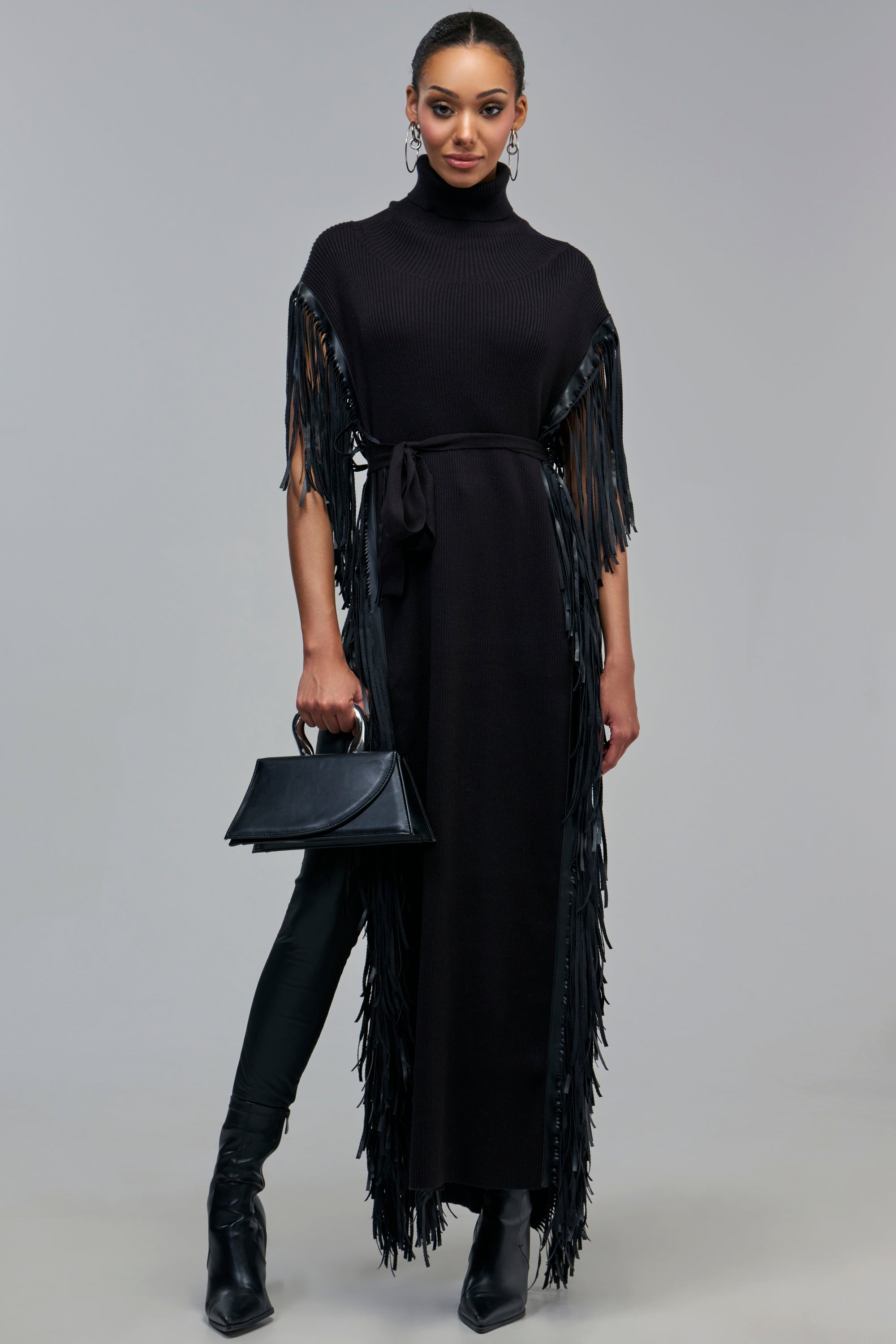 CHEYENNE FAUX BLACK LEATHER FRINGE BELTED SWEATER