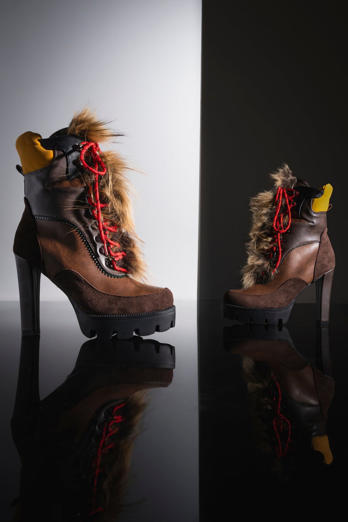 AKIRA GOLD SNUG BROWN MULTI FUR COMBAT BLOCK HEEL