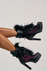 AKIRA GOLD SNUG PURPLE MULTI FUR COMBAT BLOCK HEEL BOOTIE