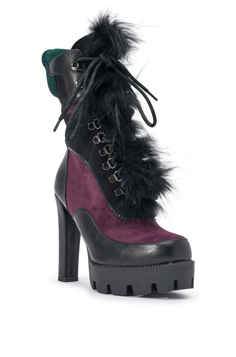 AKIRA GOLD SNUG PURPLE MULTI FUR COMBAT BLOCK HEEL BOOTIE