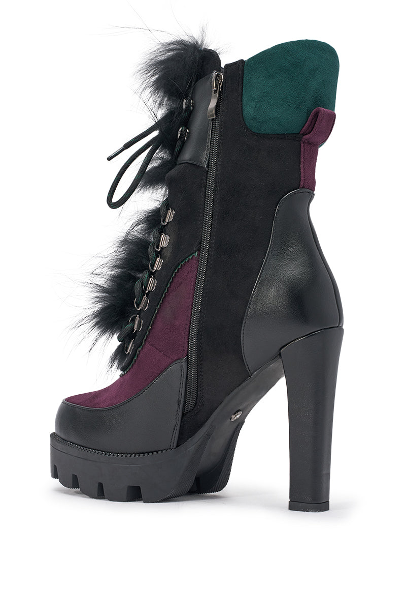 AKIRA GOLD SNUG PURPLE MULTI FUR COMBAT BLOCK HEEL BOOTIE