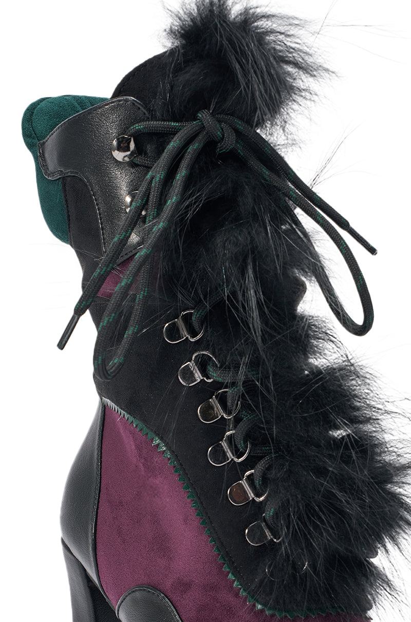 AKIRA GOLD SNUG PURPLE MULTI FUR COMBAT BLOCK HEEL BOOTIE
