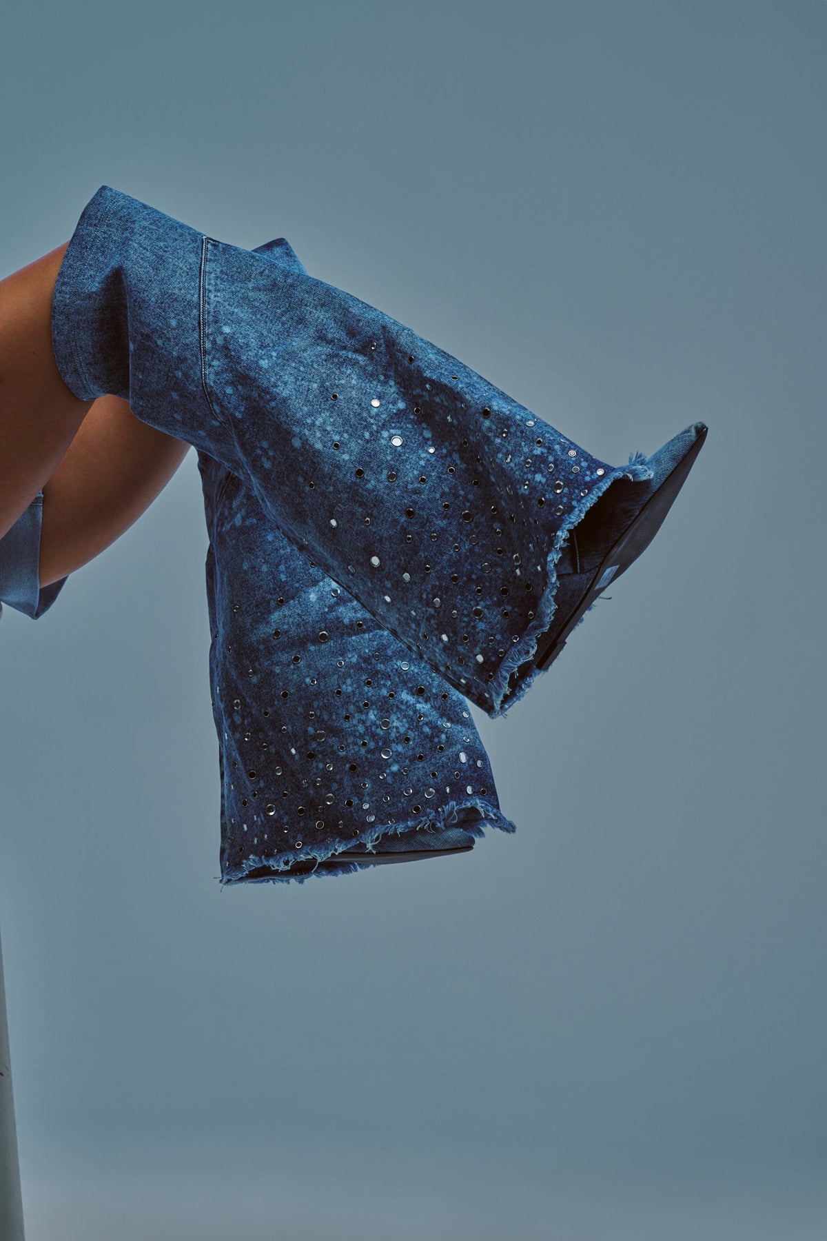 AKIRA WHYNOT DENIM RHINESTONE EMBELLISHED WEDGE BOOT