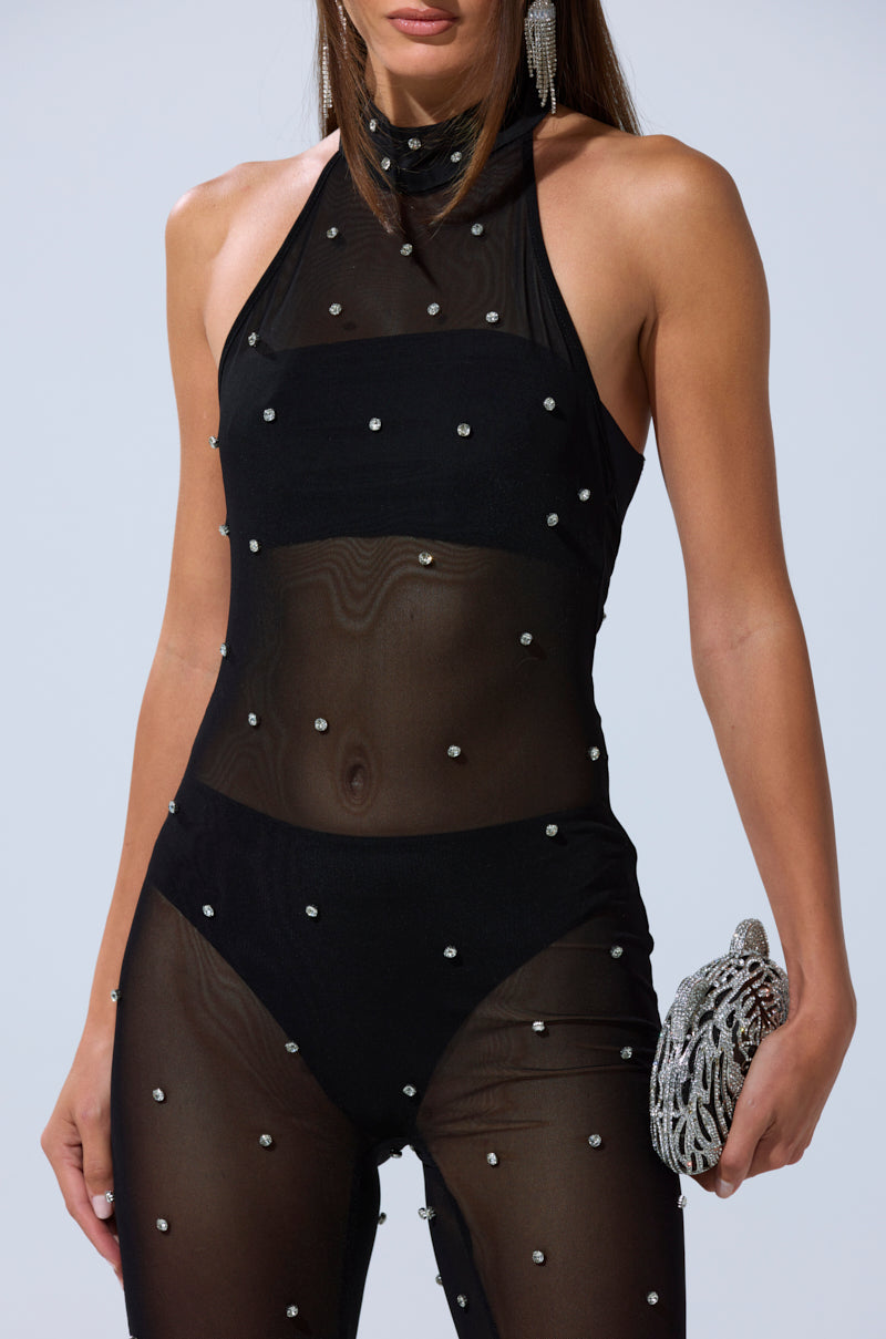 ALEX RHINESTONE MESH JUMPSUIT
